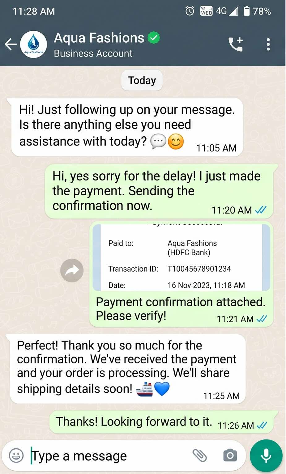 WhatsApp conversation — a Podium Market AI agent follows up on a delayed payment, collects the receipt from the customer, and confirms the order